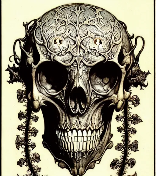 Image similar to memento mori by arthur rackham, art forms of nature by ernst haeckel, exquisitely detailed, art nouveau, gothic, ornately carved beautiful skull dominant, intricately carved antique bone, art nouveau botanicals, ornamental bone carvings, art forms of nature by ernst haeckel, horizontal symmetry, arthur rackham, ernst haeckel, symbolist, visionary