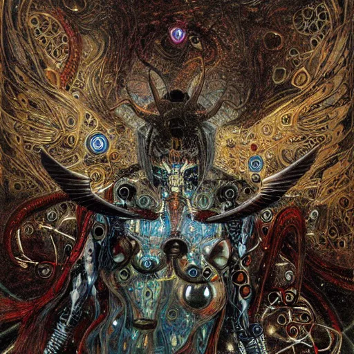 Prompt: winged cybernetic demon trapped in biomechanical circuitry, intricate detail, miro, royo, whealan, klimt,