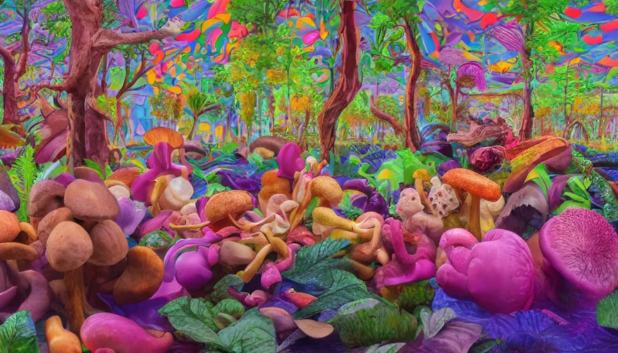 Prompt: 3 d natural amazonian psychedelic harvested wild mushrooms by kaws, james jean and salvador dali and shusei nagaoka, textured oil on canvas, surrealism, neoclassicism, renaissance, depth of field, hyper realistic, cell shaded, metallic reflections, physically based rendering, 8 k