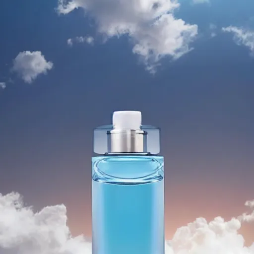 Image similar to airy bright perfume bottle floating on a cloud in the sky, covered in whispy clouds, with dreamy light blue sky and clouds in the background, softly - lit, soft - warm, zen, light, modern minimalist f 2 0 clean