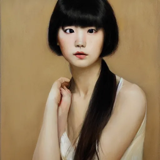 Image similar to portrait of a beautiful korean girl with long hair and bangs wearing a tuxedo, angular features, oil on canvas, elegant pose, masterpiece, Jonathan Yeo painting