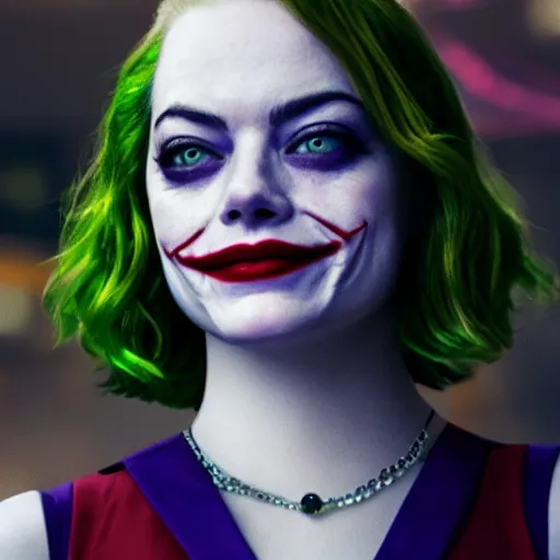 Image similar to Emma Stone playing The Joker smiling maniacally 8k HDR