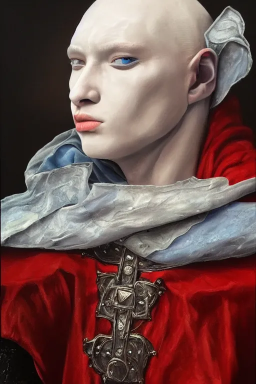 Image similar to hyperrealism oil painting, close - up portrait of albino medieval fashion model, knight, steel gradient mixed with nebula sky, in style of baroque