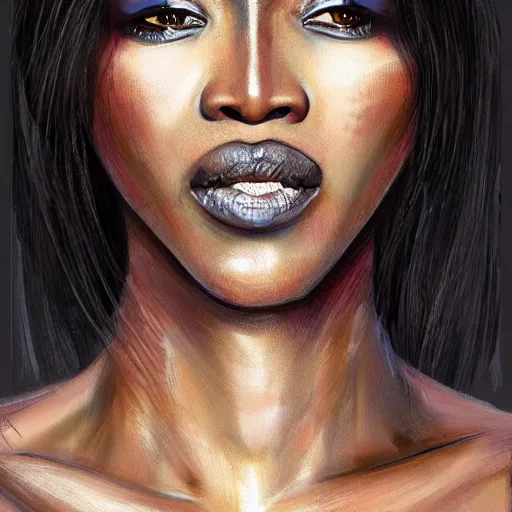 Image similar to beautiful, very strong, naomi campbell, middle aged, face, no makeup, no tattoos, warrior, battle hardened, head shot, fantasy, highly detailed, digital painting, artstation, concept art, sharp focus, illustration, art by jodie muir and brom