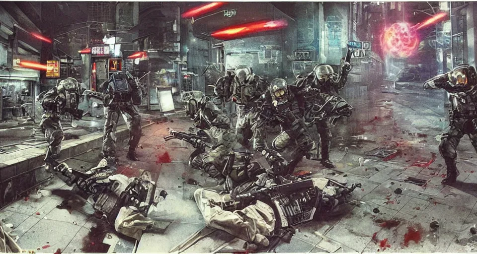 Prompt: 1987 Video Game Concept Art for Neo-tokyo Cyborg bank robbers vs police, Set inside of Office, Multiplayer set-piece Ambush, Tactical Squads :10, Police officers under heavy fire, Suppressive fire, Pinned down, Destructible Environments, Gunshots, Headshot, Bullet Holes and Anime Blood Splatter, :10 Gas Grenades, Riot Shields, MP5, AK45, MP7, P90, Chaos, Anime Machine Gun Fire, Gunplay, Shootout, :14 FLCL + Akira, Cel-Shaded:15, Created by Katsuhiro Otomo + Studio Gainax + Trending on Artstation: 20