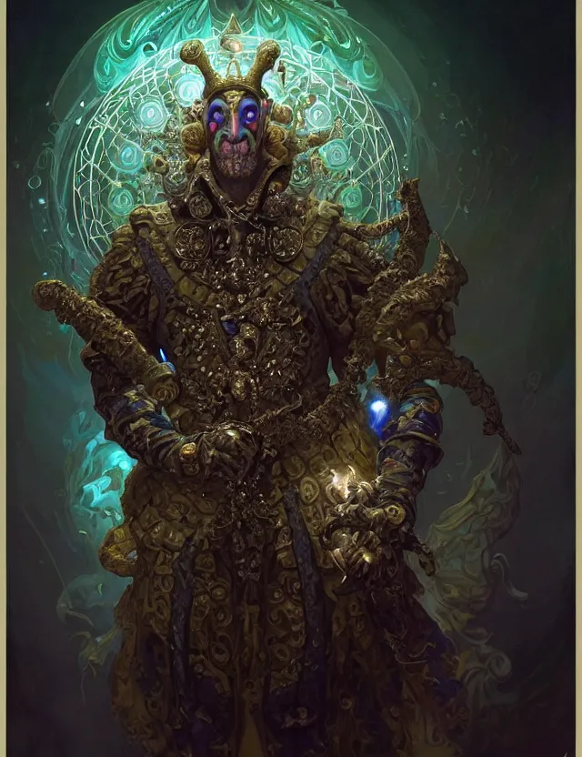 Image similar to front shot of a court jester character, hyperdimensional, bioluminescent hypercubes, dark holography!!!, (((intricate))), elegant, highly detailed, centered, (((artstation, concept art, smooth, sharp focus, artgerm, Tomasz Alen Kopera, Peter Mohrbacher, donato giancola, Joseph Christian Leyendecker, WLOP, Boris Vallejo))), mugshot!!!!!, ugly!!!!!!, octane render, nvidia raytracing demo, octane render, nvidia raytracing demo, octane render, nvidia raytracing demo, grainy, muted, 8K, digitalblasphemy, metatron