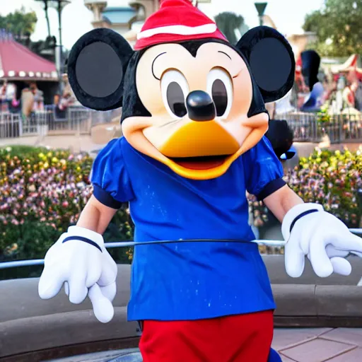 Prompt: the Mickey Mouse character at Disneyland taking off his costume, and it's actually Donald Duck underneath