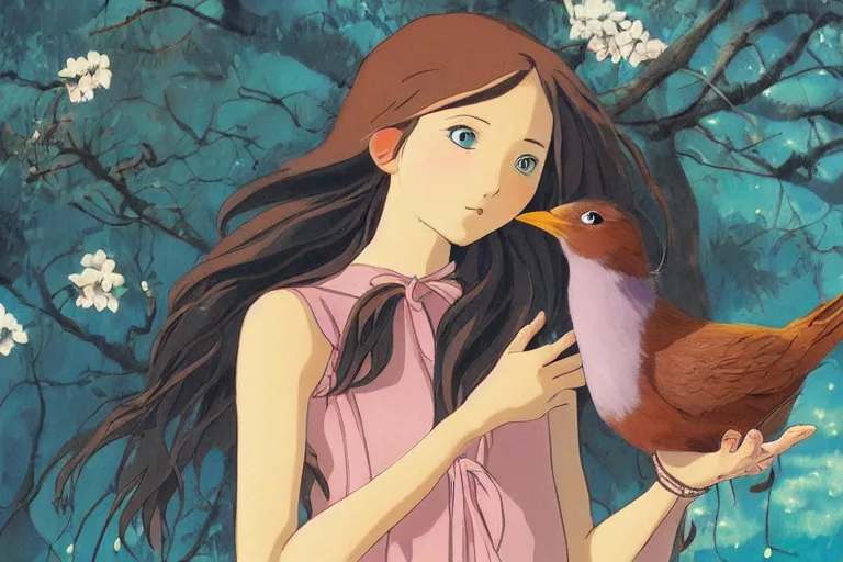 Image similar to young pretty girl holding a bird in her hands, looking touched, Fragile looking character portrait , beautiful scene; highly detailed art, by Studio Ghibli , High contrast, anime art