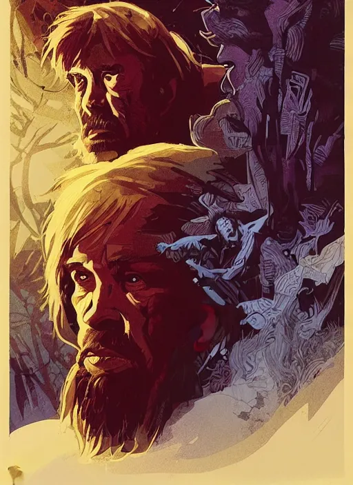 Prompt: poster artwork by Michael Whelan and Tomer Hanuka, Karol Bak of Chuck Norris as the local homeless man in the small town who has a spiritual connection to the world and is the protector of the woods, from scene from Twin Peaks, clean