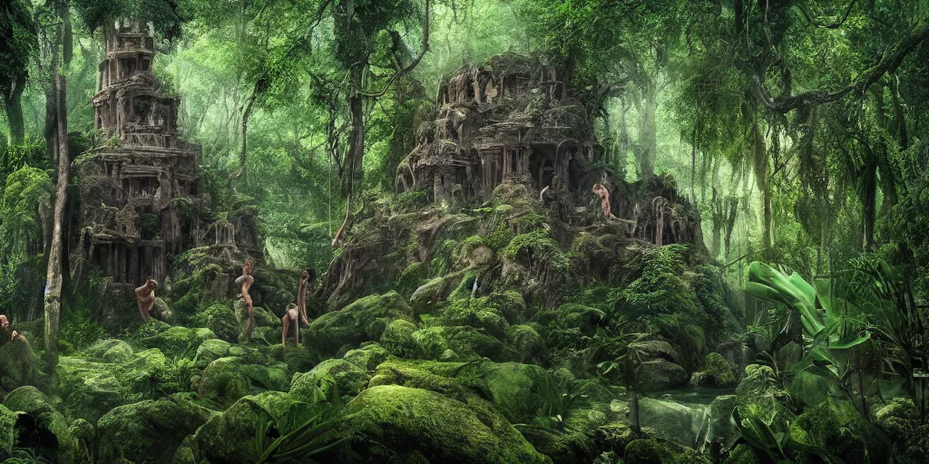 Image similar to Tarzan\'s lost temple, cinematic lighting, wide angle landscape photography, hyperrealistic, 8k