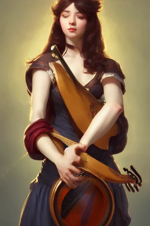 Image similar to beautiful bard holding a lute, accurate anatomy, only two hands, highly detailed, digital painting, artstation, concept art, smooth, sharp focus, illustration, Unreal Engine 5, 8K, art by Artgerm and greg rutkowski