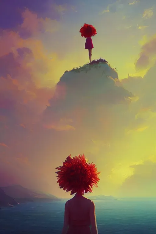 Image similar to closeup, giant flower head, girl standing on cliff, surreal photography, sunrise, blue sky, dramatic light, impressionist painting, digital painting, artstation, simon stalenhag