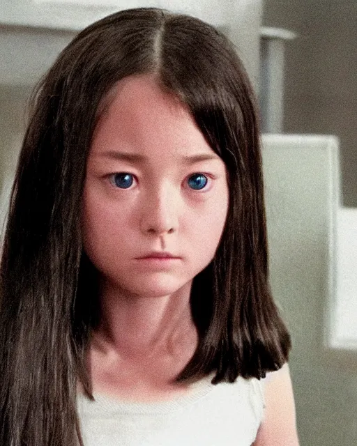 Prompt: Film still of the Little girl from the movie Ring, white skin, long black hair