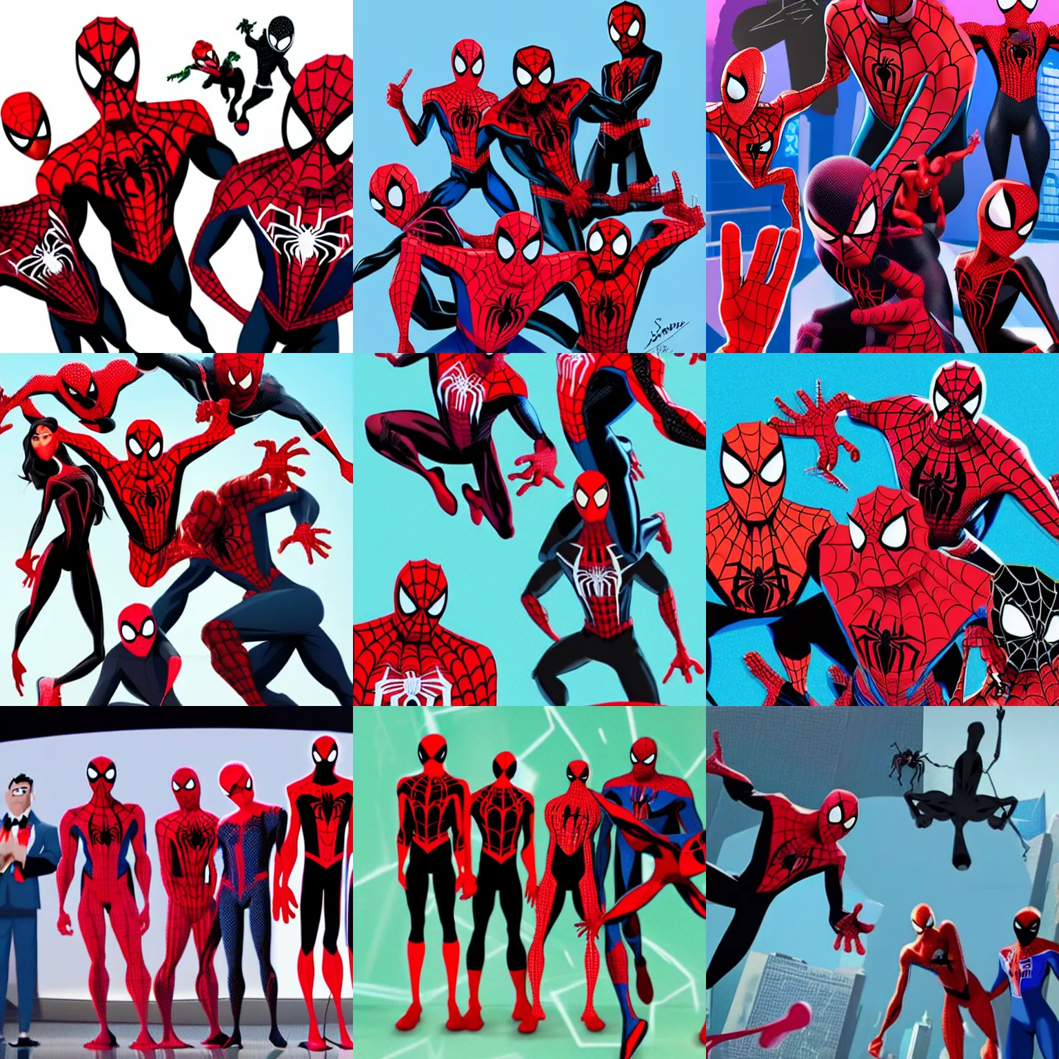 Prompt: all the spidermen of the spiderverse