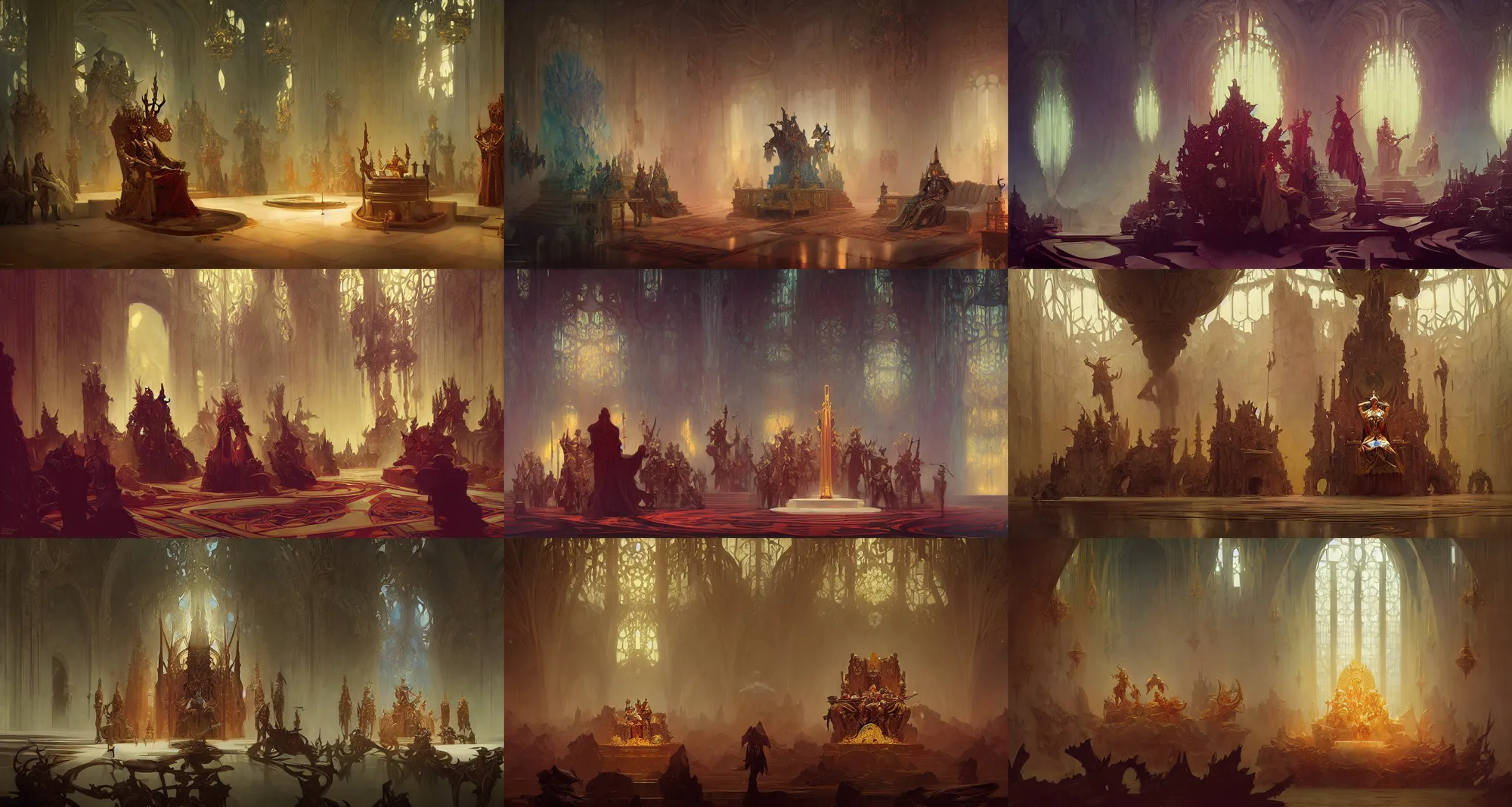 Prompt: throne room, fantasy, art by joseph leyendecker, peter mohrbacher, ivan aivazovsky, ruan jia, reza afshar, marc simonetti, alphonse mucha