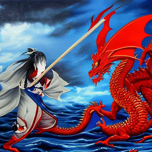 Image similar to great red bloody dragon goes against samurai and a beautiful geisha under intense dark clouds fighting tooth and blood over the great vast blue ocean oil painting 8 k