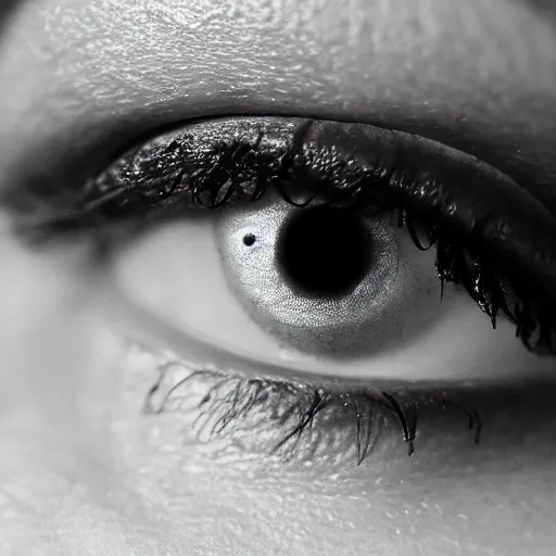 Prompt: (((((((( film still of a human eye crying : tears : realistic skin, realistic eye lashes : macro 8K UHD : colour splash : studio lighting !!!!!!