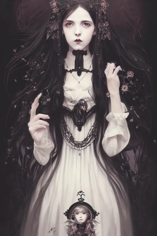 Image similar to portrait of radical lolita girl, dreamy and ethereal, dark eyes, peaceful expression, ornate goth dress, dark fantasy, chaotic, elegant, black crows flying, highly detailed, digital painting, artstation, concept art, smooth, sharp focus, illustration, art by artgerm and greg rutkowski and alphonse mucha