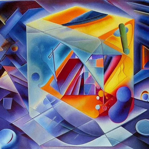 Prompt: a hd surrealism painting of 3d cast glass galactic hypercube sculptures buildings by dali and kandinsky by zaha hadid, ultra detailed, 4k, oil on canvas