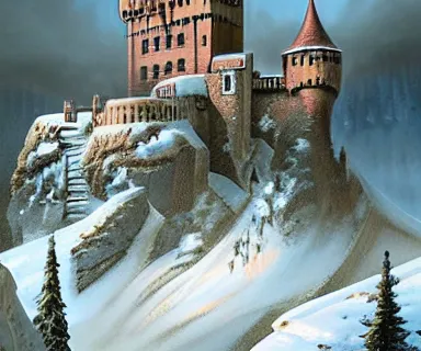 Image similar to a painting of a castle in the middle of a snowy mountain, a detailed matte painting by andreas rocha and greg rutkowski, featured on artstation, fantasy art, matte drawing, matte painting, artstation hq