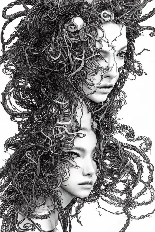 Image similar to Portrait of Medusa, pen and ink, intricate line drawings, by Yoshitaka Amano, Ruan Jia, Kentaro Miura, Artgerm