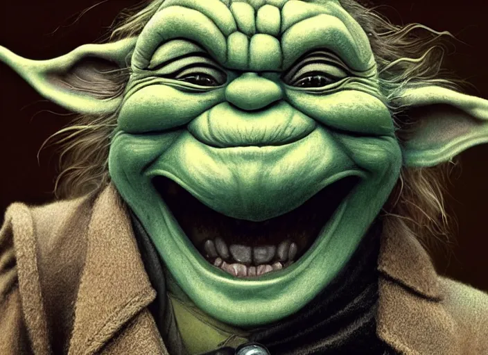 Image similar to a highly detailed portrait of a laughing Yoda on a bad ketamine drug trip, drugs and alcohol littered everywhere, dizzy, trippy, artstation, cgsociety, very detailed, intricate, detailed illustration, by artgerm and greg rutkowski and alphonse mucha, sharp, smooth, masterpiece