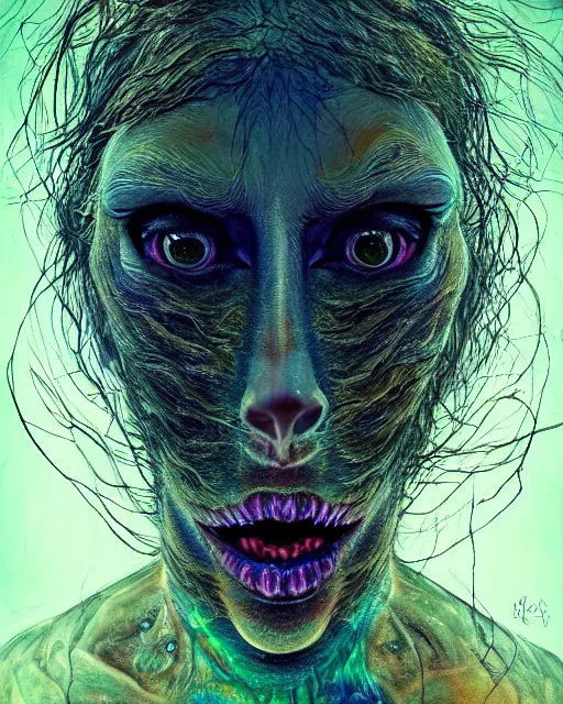 Image similar to realistic portrait of a creature experiment gone wrong, psychedelic, dark art, facing camera, photo realistic, detailed, 1 4 5 0, delicate, hyper realism, ultra realistic, 8 k