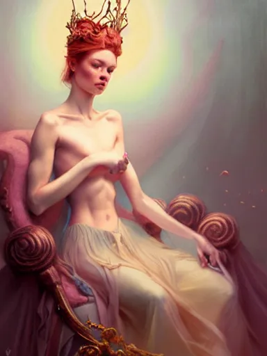 Prompt: the fairy queen on her throne, by james jean, charlie bowater, tom bagshaw, nikolay makovsky : : portrait, character, illustration, hyperrealism, photorealism, digital art, concept art, fantasy, whimsy, weta, wlop, artstation