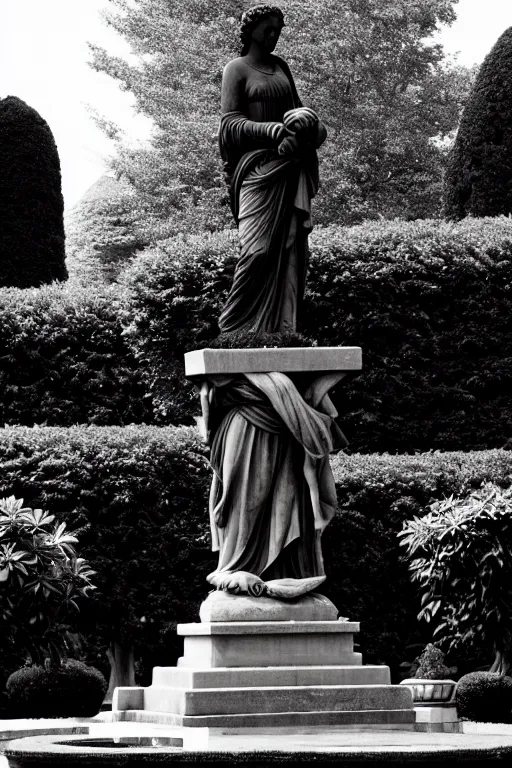 Image similar to A black and white garden with a red statue