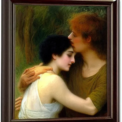 Prompt: young man in orange t - shirt and young woman with black hair hugging, by pierre - auguste cot