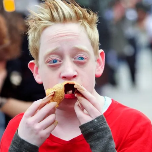 Prompt: macaulay culkin in a wheelchair, eating ice cream, crying