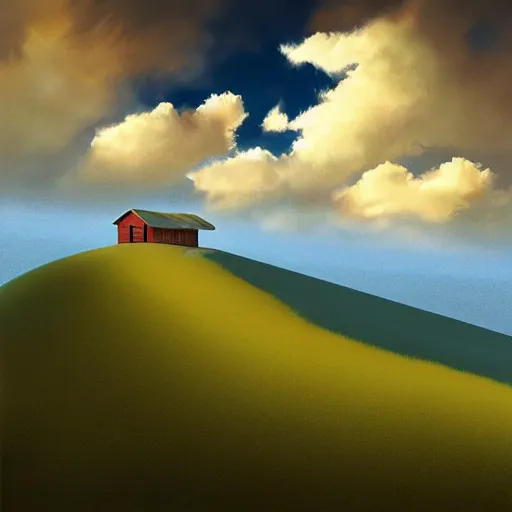 Image similar to a cabin on a hilltop, by alex andreev, landscape, high contrast, digital