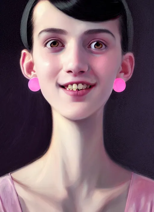 Image similar to portrait of teenage girl, narrow face, black hair, bangs, half updo hairstyle, pointy nose, skinny, smile, unattractive, defined jawline, big chin, pink hair bow, earrings, intricate, elegant, glowing lights, highly detailed, digital painting, artstation, sharp focus, illustration, art by wlop, mars ravelo and greg rutkowski