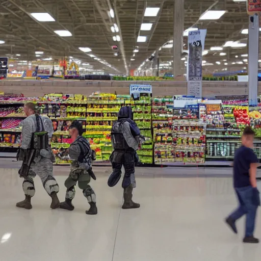 Image similar to Walmart Grocery Store Inside, Cam view, star wars troops are having a ground battle in the store, using tomatoes, banana as weapons by the star wars troopers against star wars troopers, 40nm lens, shallow depth of field, split lighting, 4k,