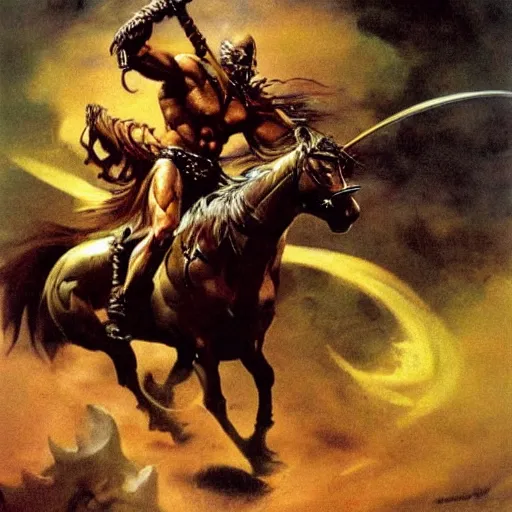 Image similar to barbarian warrior riding a chariot by Boris Vallejo and Frank Frazetta