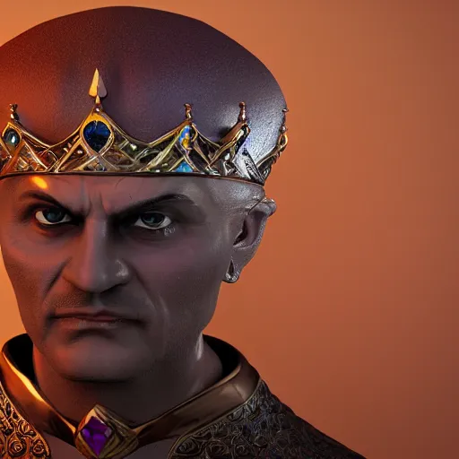 Image similar to a 3 d render of a gemstone in the shape of a king with dark gloomy eyes, realistic, artstation, cg