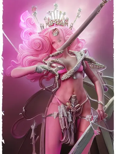 Image similar to pink portrait of beautiful female angel queen Jisoo blackpink head wearing shiny pink crown, subtle purple accents, hyper details, black metal rococo, sculpted by Alex Alice, Craig Mullins, yoji shinkawa, trending on artstation, beautifully lit, Peter mohrbacher, hyper detailed, insane details, intricate, elite, elegant, luxury, ray of light through smoke, CGsociety, hypermaximalist, golden ratio, volumetric, octane render, weta digital, micro details, 3d sculpture