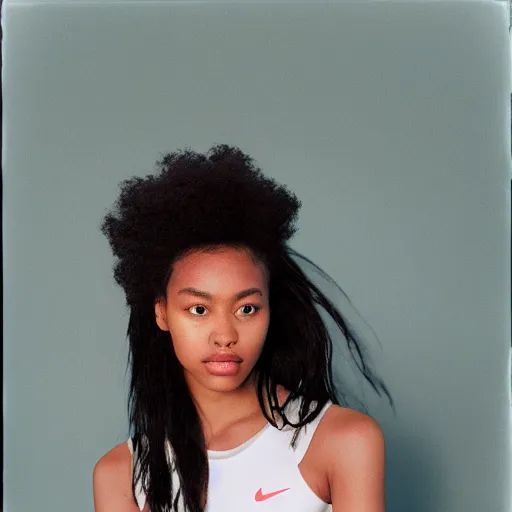 Image similar to realistic photoshoot for a new nike lookbook, color film photography, portrait of a beautiful person in style of Campbell Addy, 35mm, graflex