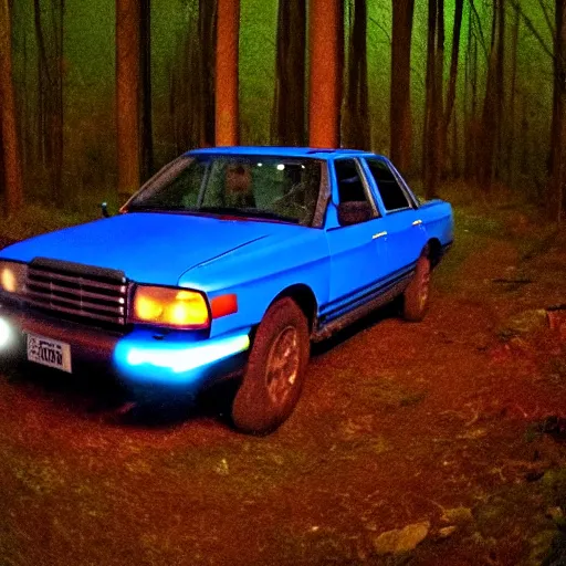 Prompt: photo with flash at night at a forest of a big scary man in top of a blue car with lights on