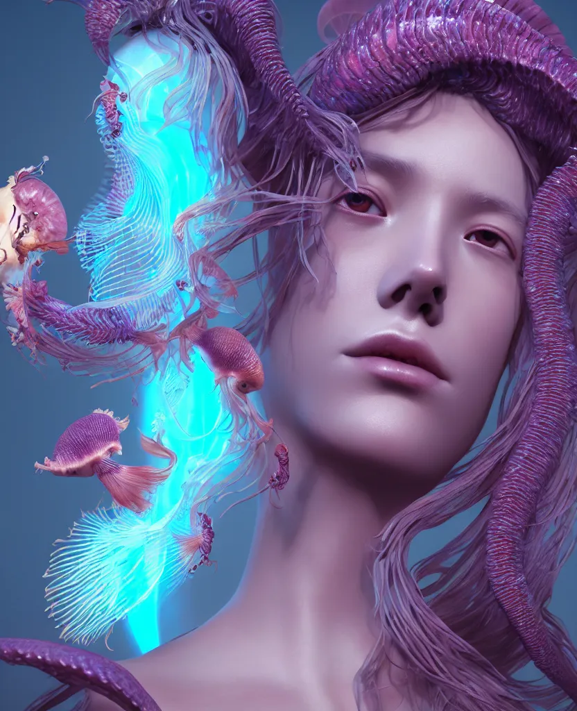 Image similar to goddess close-up portrait. orchid jellyfish phoenix head, nautilus, skull, betta fish, bioluminiscent creatures, intricate artwork by Tooth Wu and wlop and beeple. octane render, trending on artstation, greg rutkowski very coherent symmetrical artwork. cinematic, hyper realism, high detail, octane render, 8k