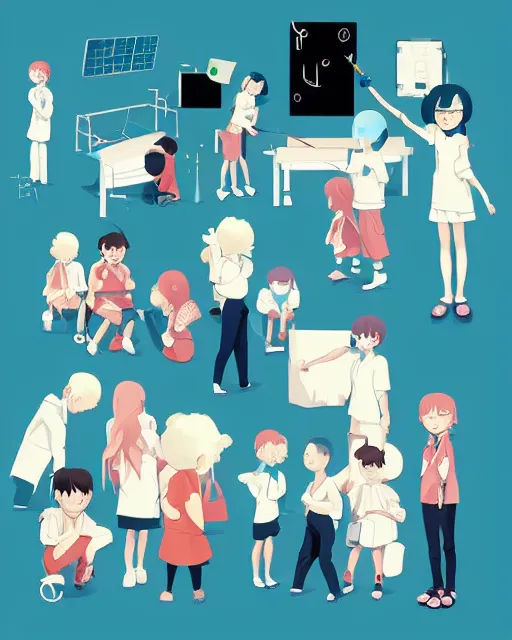 Image similar to children in science lab experiment test tube microscope. clean cel shaded vector art. minimalist illustration art by lois van baarle, artgerm, helen huang by makoto shinkai and ilya kuvshinov, rossdraws