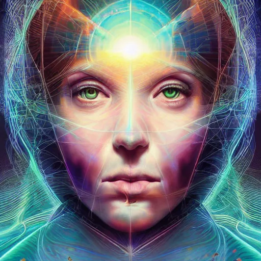 Image similar to beautiful portrait of intelligence of science, spatial space deformation in latent space, math art, astral plane, by artgerm and ( dan mumford ) and gustave dore, vray, cgsociety