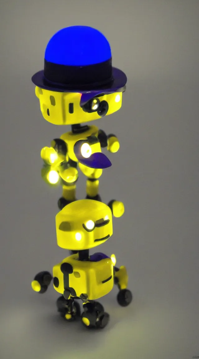 Image similar to tiny robot in the dark, hrd, hyperrealistic, hyper detailed, tiny, lights, yellow, purple, blue, top hat, moustache, dusk