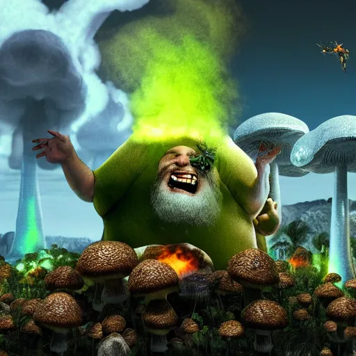 Prompt: highly detailed octane render of a short ugly fat man with a giant beard laughing at a green mushroom cloud surrounded by dead insects in a cave