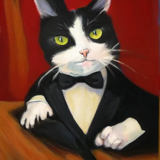 Image similar to oil painting of a cat wearing a tuxedo