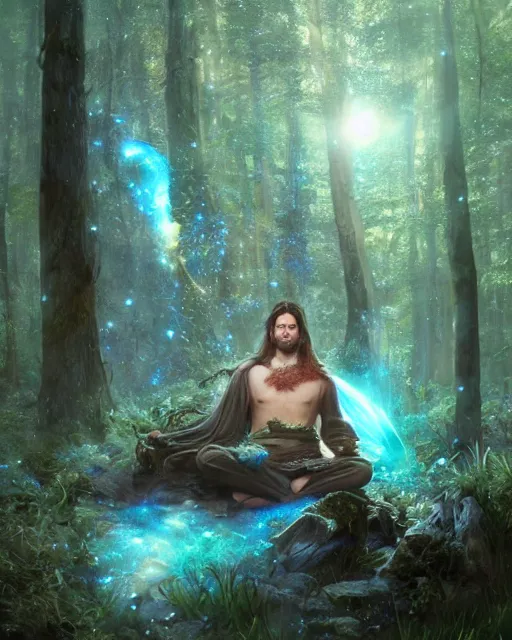 Image similar to a male druid with dark hair and blue eyes meditating in a nebula forest by greg rutkowski, high key lighting, volumetric light, digital art, highly detailed, fine detail, intricate, ornate, complex, octane render, unreal engine, photorealistic digital painting, artstation, concept art, sharp focus, art by greg rutkowski and alphonse mucha