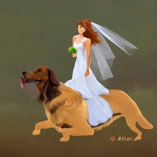 Prompt: woman in a wedding dress riding a giant golden retriever, trending on art station