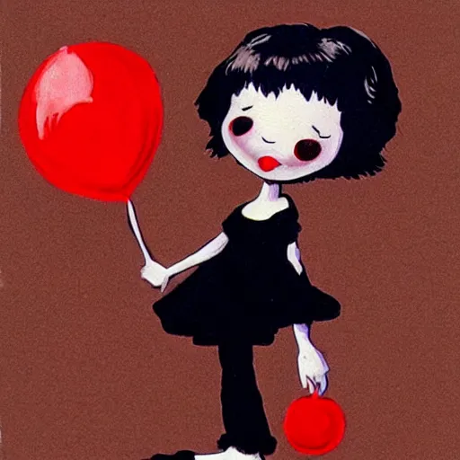 Prompt: emo fantasy painting of a little girl holding a red balloon by dr seuss | horror themed | creepy