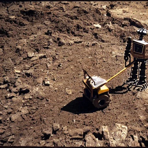 Image similar to robot archaeologist digging up the remains of human civilisation cinematic realistic 3 5 mm