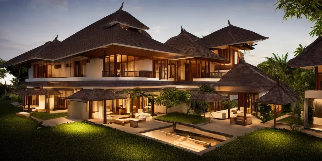 Image similar to 3d rendering of beautiful nature meets architecture concept of a residential house. balinese architecture, volumetric lighting, luxury, high detail, 14mm, cinematic photography, cg architects, high resolution